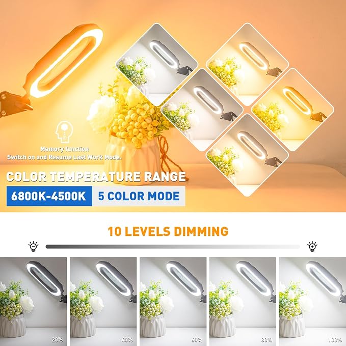12X 30X Square 3-Section Magnifying Glass with Light and Clamp-White | 5 Color Mode & Stepless Dimming LED Lamp, 4-Way Desk Clip, Ultra Long Lighted Magnifier for Workbench Reading Craft Repair