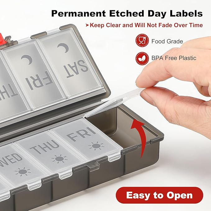Foldable Pill Organizer 2 Times a Day w/Etched Labels -Dual Protection & Portable Weekly AM PM Pill Box, 7 Day Medicine Container, Large Travel Pill Case for Daily Supplement Vitamin -Clear Black