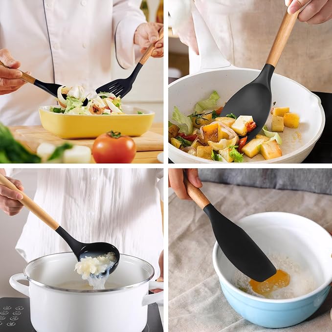 Silicone Kitchen Utensils Set of 6, Cooking Utensils Set with Heat Resistant Wooden Handle, Nonstick Silicone Spatula Spoon Turner Ladle, Cooking Kitchen Gadget for Cookware & Baking BPA FREE
