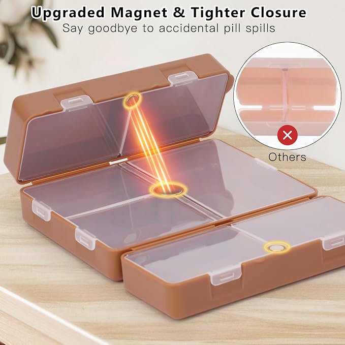 FYY Daily Pill Organizer,2 Pcs 7 Compartments Portable Pill Case Travel Pill Organizer,[Folding Design] Pill Box for Purse Pocket to Hold Vitamins,Cod Liver Oil,Supplements and Medication-Brown