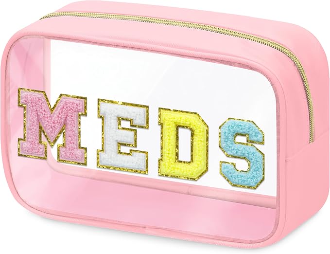 BuyCard Clear Meds Chenille Letter Nylon Makeup Bag - Portable Preppy Patch Cosmetic Toiletry Travel Storage Medicine Bag With Zipper for Women Girls Pink