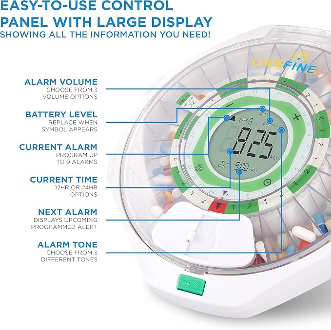 LiveFine 28-Day Automatic Pill Dispenser, 9 Dosage Rings, Clear Lid | Portable, battery-powered with a lockable key cover - built for seniors, arthritis sufferers, and caregivers.
