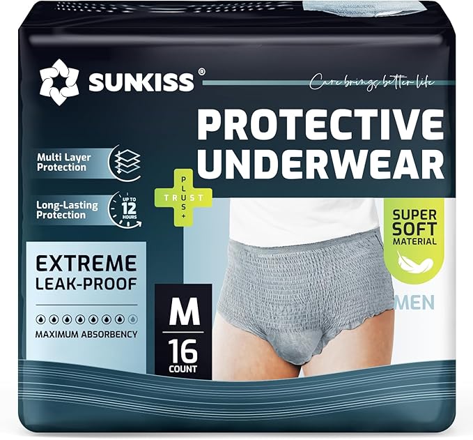SUNKISS Incontinence Underwear for Men, Daytime Disposable Adult Pull Ups,Mens Protective Briefs with Maximum Absorbency, Medium, Grey, 16 Count