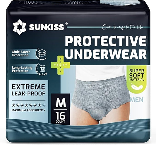 SUNKISS Incontinence Underwear for Men, Daytime Disposable Adult Pull Ups,Mens Protective Briefs with Maximum Absorbency, Medium, Grey, 16 Count