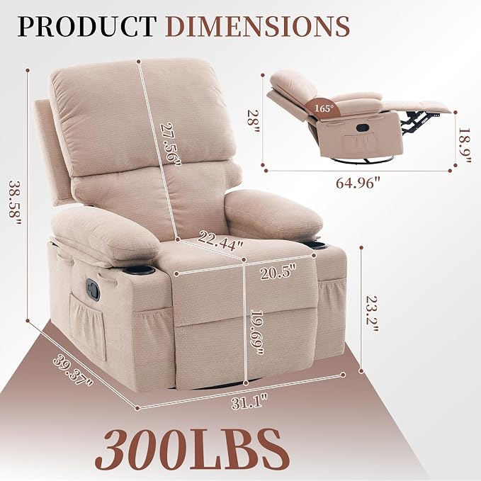 Recliner Chair for Adults, Nursery Glider Recliner with Massage and Heat, 360° Swivel Rocker Recliner, Manual Reclining Chair with Cup Holder, Side Pocket, Ergonomic for Moms and Elderly, Beige