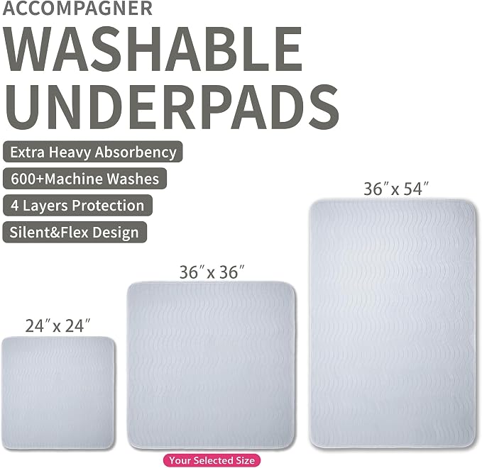 Accompagner Incontinence Bed Pads Washable Waterproof Underpads 36"x36" 6pc | 4-Layer Heavy-Absorbency Reusable Pee Pads for Adults, Kids, Elderly, Dogs, Bedridden, Bedwetting, Nursing, Sofa (Pearl Gray)