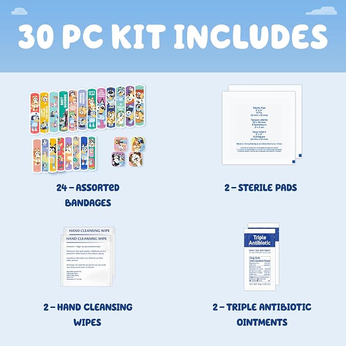 Dr. Bluey First Aid Kit, 30 Pieces | First Aid Kit for Kids & Adults, Travel-Friendly Compact for Home, Car, Camping, and Traveling