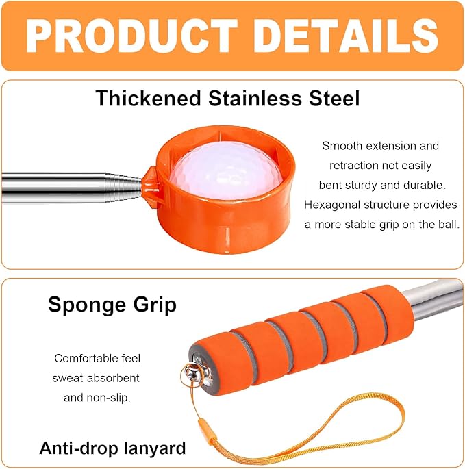 Golf Ball Retriever Telescopic, 9Ft Golf Ball Retriever for Water, Professiona Stainless Steel Ball Retriever Tool Golf, Light Weight Double Sided Golf Ball Grabber, Golf Accessories Gifts