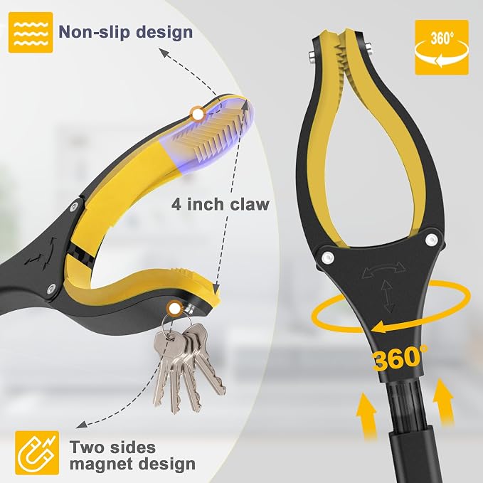 59 Inch Extra Long Grabber Reacher Tool，Pick Up Stick for Seniors with Strong Grip Magnetic，360°Rotating Anti-Slip Jaw 4" Wide Claw Opening,Hand Grabber for Reaching (YellowBlack, 59INCH)