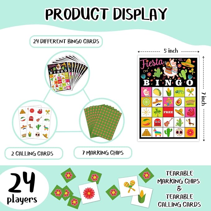 Fiesta Party Bingo Cards, 24 Player Mexican Llama Party Bingo Game for Family Adult, Cinco De Mayo Party Favor, Large Group Party Celebration Activity -01