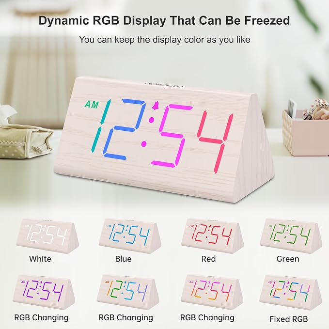 DreamSky Wooden Digital Alarm Clock for Bedroom with RGB Large Numbers | Electric Desk Clock, USB Port, Loud Alarm for Heavy Sleepers, Dimmer and Volume Control, Snooze, Wood Décor, Adapter Powered
