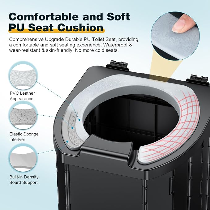 Camping Toilet - Upgraded soft toilet seat with urine Splash Guard, Folding Toilet with Detachable Paper Holder, Portable toilet with a load capacity of 500 lbs, Portable Potty For Emergency Use