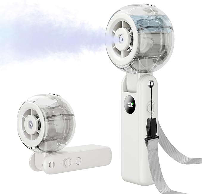Portable Fan Handheld, Powerful Cooling Misting Fan Rechargeable | LED Display, 100 Speed Stepless Control, 155° Foldable, Personal Mist Fan for Outdoor, Travel, Makeup, Gifts for Men Women
