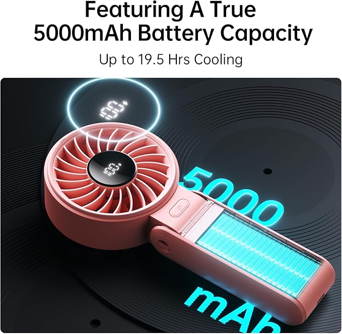 JISULIFE Portable Handheld Fan Life7: 3-in-1 Hand, Desk & Neck Fan-Pink | 19.5H Max Cooling, 5-Speed, LED Display, 5000mAh Rechargeable,USB Foldable Fan for Travel/Concerts/Cruise/Sports Events/Gifts