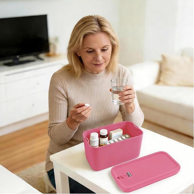 Small Lock Box,lockable storage box for medication, medicine lock box PLUS Size, refrigeration bin container with Combination Code, lock box for home office phone travel