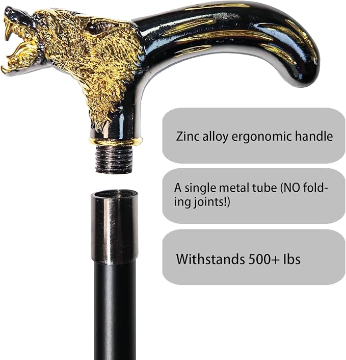 Walking Cane for Men & Women & Seniors - 36.5 Inch Heavy Duty 500+ lbs Capacity, Wolf Ergonomic Handle, Decorative & Ornate Design, Gothic & Goth Elegant Artistry, Metal Cane