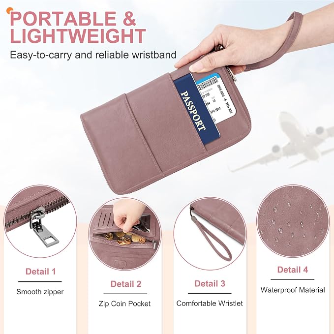 RFID Family Passport Holder Wallet - Travel Document Organizer | PU Leather, with Wristlet, Zipper, Cards, Boarding Pass, ID, Cash, Ticket Pockets,Travel Essentials Gifts for Women Men