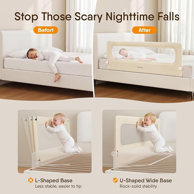 Bed Rail for Toddlers, 59 Inch Foldable Baby Guard | 59 in foldable toddler rail with reinforced anchors, no-gap mattress fit, double lock, washable fabric for King|Queen