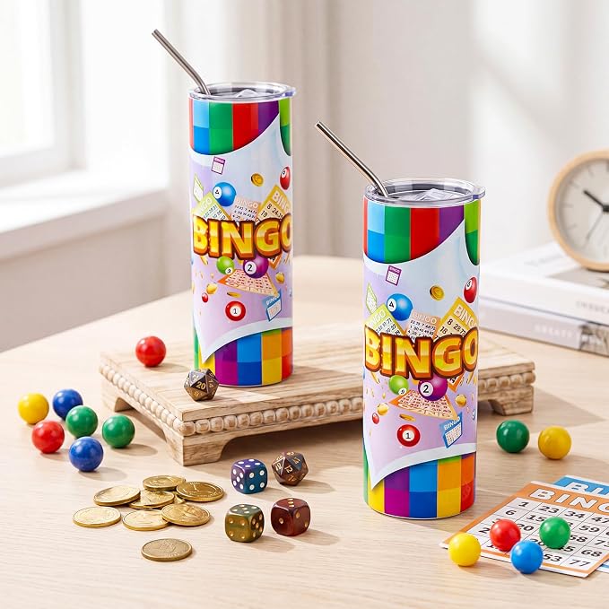 Geiserailie 2 Pack Bingo Tumbler Cups 20 oz Game Gifts Stainless Steel Tumbler with Lids Prizes for Seniors Mom Grandma Dad (Colorful)