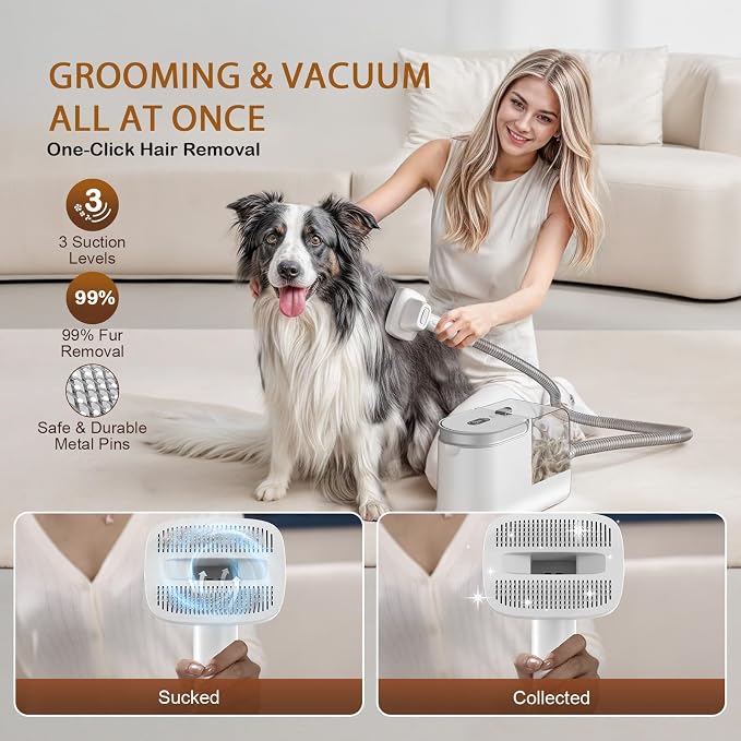 Dog Grooming Vacuum, Dog Grooming Kit, 3 Suction Modes Dog Brush Vacuum with 5 Pet Grooming Tools (Cream)