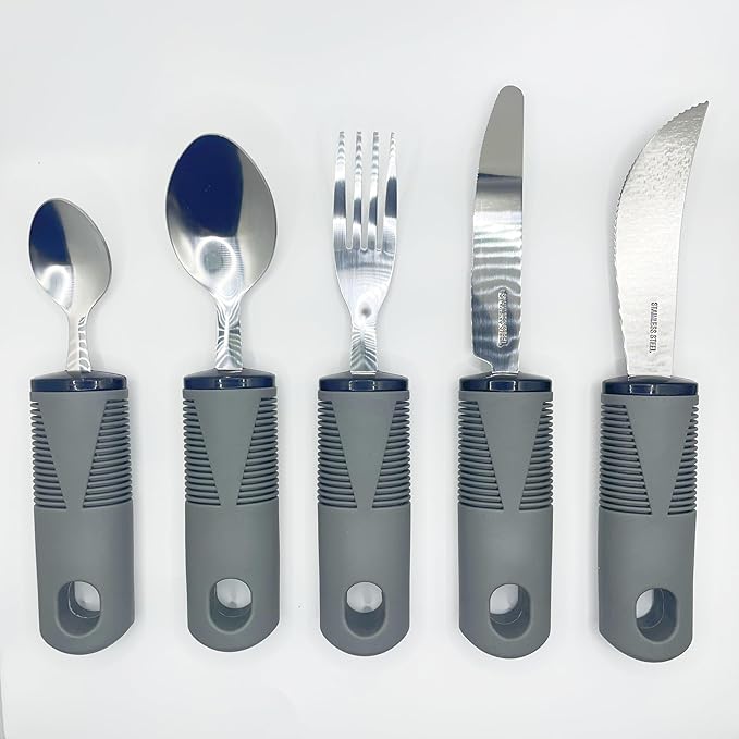 Adaptive Utensils 5 Piece Set Weighted Utensils for Hand Tremors Easy Grip Parkinsons Utensils Extra Wide Handles Built up Utensils for Adults with Knife Fork Spoon for Disabled Arthritis People（Grey）