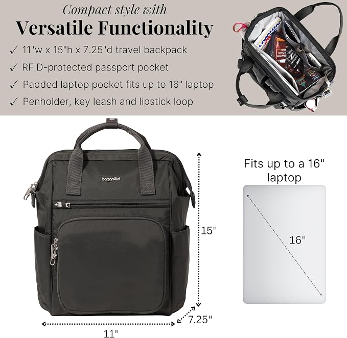 Baggallini Securtex Anti-Theft Windsor Backpack for Travel, Work & College, RFID & Locking Zipper, Up to 16" Laptop