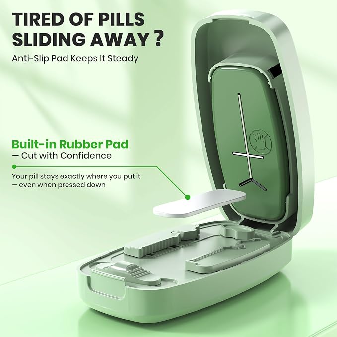 Pill Cutter Splitter for Small and Tiny Pills, Anti-Slip Silicone Pad Holds Pills Steady, Adjustable Pill Cutter for Accurate 1/2 1/3 1/4 Cutting, Sharp Stainless Steel Blade with Safety Guard