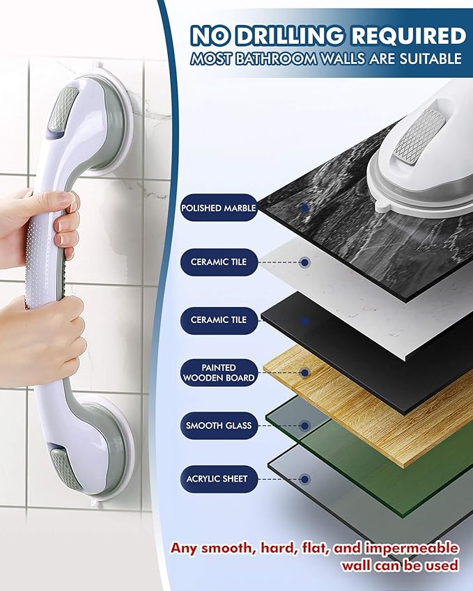 2 Pack 16 Inch Shower Grab Bars - 250LBS Heavy Duty Bath Safety Handles, Non-Slip No Drilling Removable Shower Grips for Bathtubs & Showers, Waterproof Bathroom Assist Handles for Seniors & Elderly