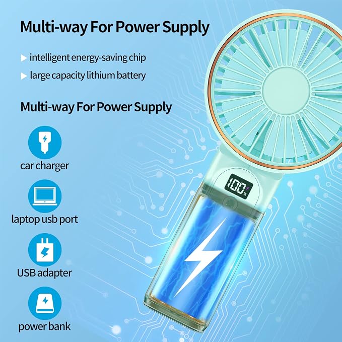 Peiyuu Portable Fan, 4000mAh USB Rechargeable, 180° Foldable Mini Desk Fan with 6 Wind Speed, LCD Digital Display, Lanyard as Neck Fan, Ultra Quiet