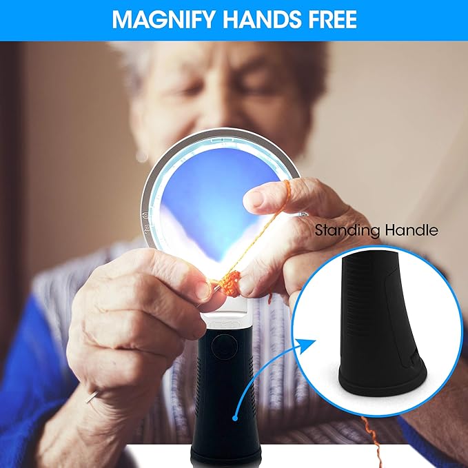 MagniPros Extra Large 10X Magnifying Glass with Detachable Lenses- 3 Color Modes with Self-Standing Non-Slip Ergonomic Handle for Hobbyists, AMD, Reading Fine Print, Seniors