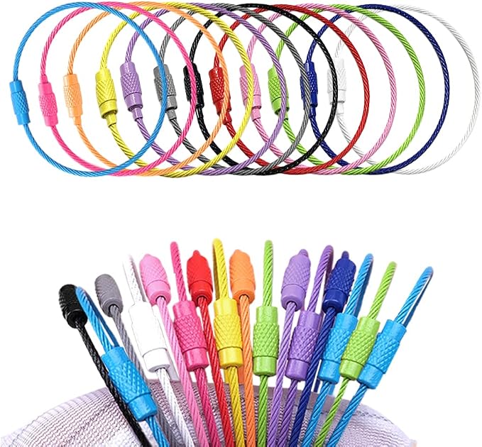 CooBigo 12 Pack Metal Luggage Tag Loops Holder Women 6" Wire Keychain Cable Key Chain Rings for Crafts Keyrings Bag Tassels Jewelry Making (12 Assorted Color, 1.5mm)