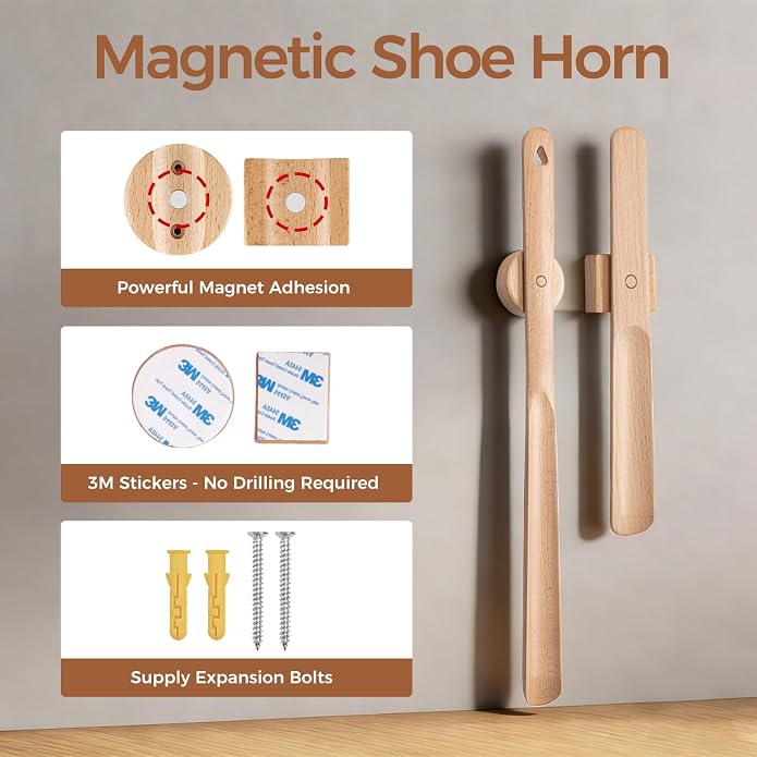 Magnetic Wooden Shoe Horn Set - 19.6" Long & 11.8" Short Handled Shoehorn for Seniors, Men and Women - Drill-Free Wall Mounted Premium Beech Wood Shoe Horns, Slip On Shoes Without Bending