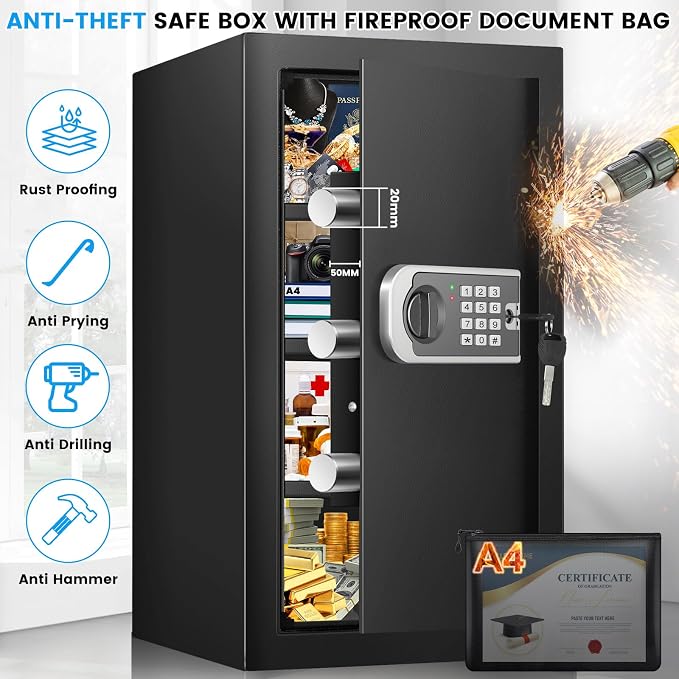 [23.6" Tall]Large Home Safe, 𝟒.𝟔 𝐂𝐮𝐟𝐭 Safe Box with Fireproof Waterproof Bag, Security Safes for Home with Programmable Keypad Keys, Smart Alert, Mute Mode, Anti-theft Digital Safe fo Valuables