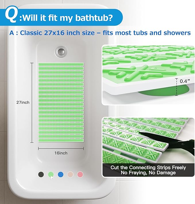 Non Slip Rubber Bathtub & Shower Mat - Fast Drain & Upright Drying Design, Strong Suction Cups, Structured Textured Surface, Low-Maintenance Bathroom Safety Mat, 27 x 16 Inch, Mint Green, Matace