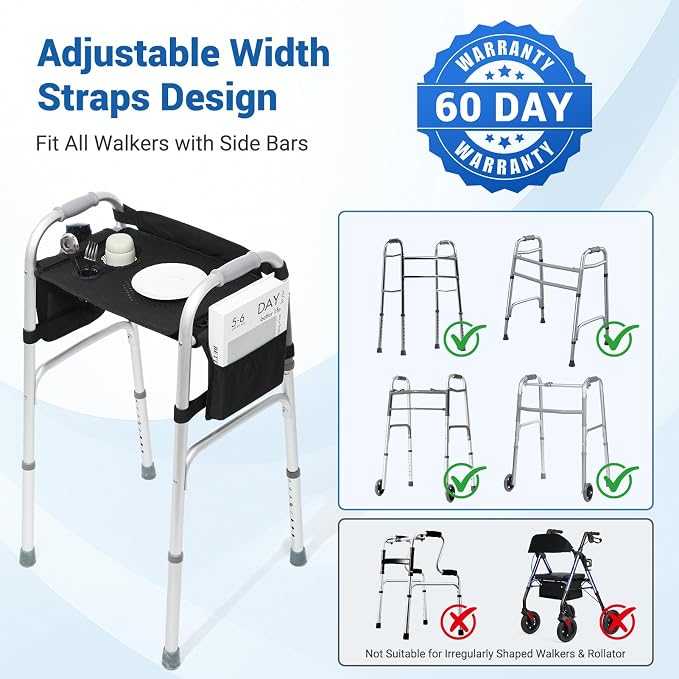 Tray for Walkers for Seniors with Cup Holder - Walker Accessories【w/Pockets, Cup Holder & Non Slip Mat for Food】Mobility Trays Fits Most Standard Folding Walkers, Easy & Removable Assembly