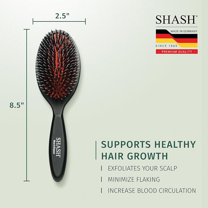 SHASH Since 1869 Hand Made In Germany - Nylon, 100% First Cut Boar Bristle Brush Suitable For Normal to Thick Hair - Gently Detangles, No Pulling or Split Ends - Softens Improves Texture, (Medium)