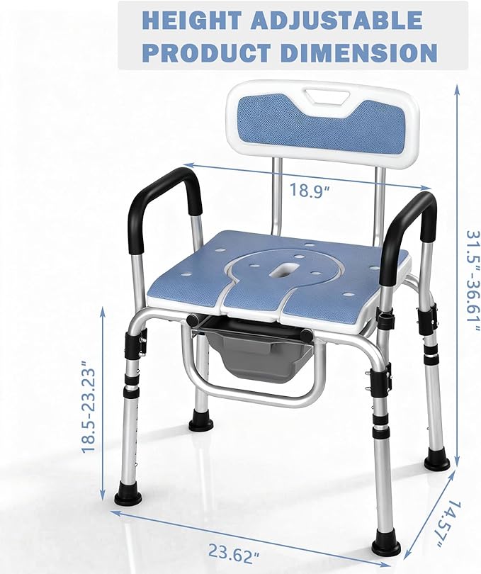 3 in 1 Bedside Commode Chair and Shower Chair for Elderly Adults, Portable Toilet with Adjustable Height, Arms and Removable Bucket for Home Care