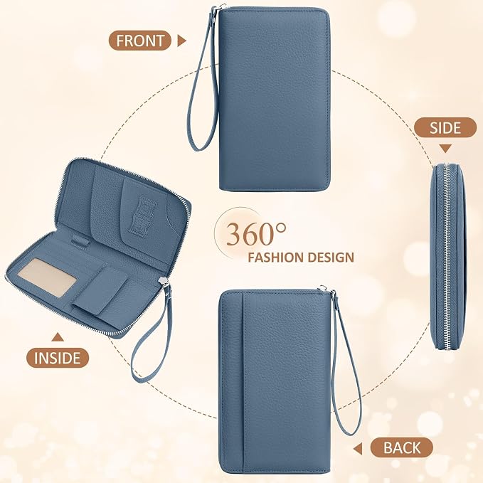 RFID Passport Holder for Travel Family with Coin Pocket, Blue | Leather Passport Cover for 2, Travel Document Organizer with Wrist Strap & 24 Card Slots, for Women Men