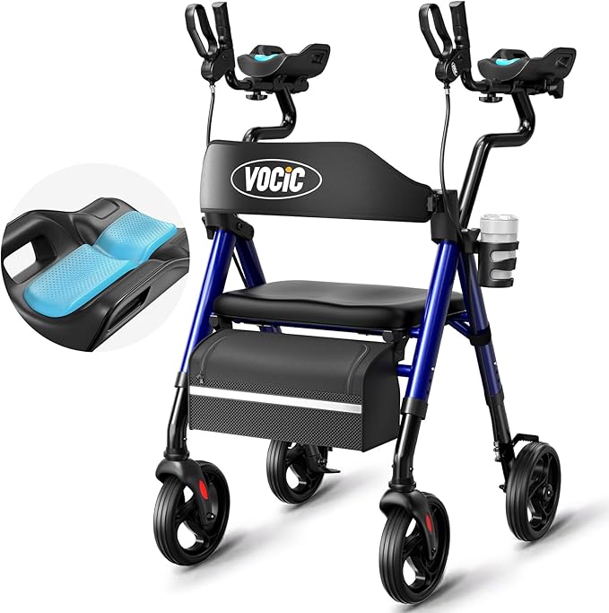 VOCIC Walkers for Seniors, Upright Walker with Adjustable Armrests, Z22 GelCool Stand Up Walker with Ergo Seat & Backrest, 8" All Terrain Rollator with 300lb,Cup& Cane Holder