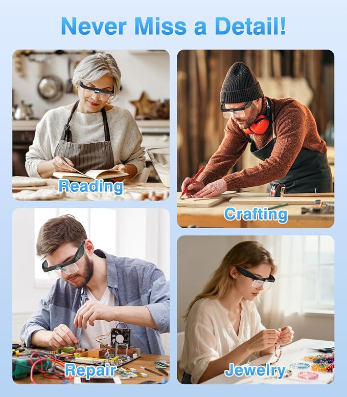 MoKo Magnifying Glasses with Light, 1X-4X Magnifier Headset | Hands-free headband magnifier includes 5 detachable lenses, adjustable LEDs and USB-C charging.