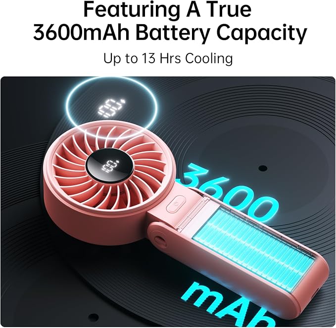 JISULIFE Handheld Fan Life7 – Ultimate Flexibility: Wide & Strong Airflow, 13H Max Cooling, 3600mAh Rechargeable, 5-Speed, LED Display, 3 IN 1 Portable Fan for Travel, Concerts, Sports Events(Pink)