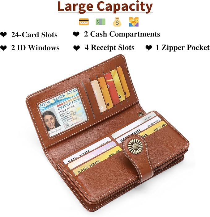 SENDEFN Wallets for Women Leather Credit Card Holder with RFID Blocking Large Capacity Wristlet | with RFID Blocking