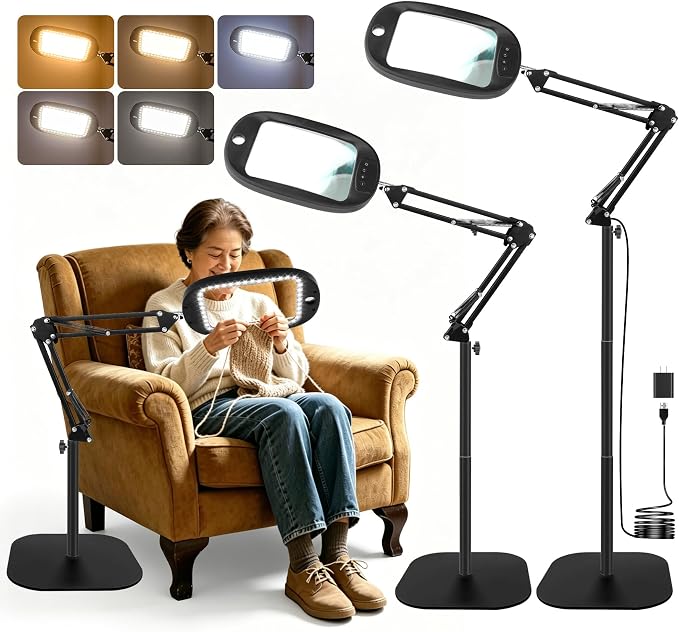 10X 30X Large Floor Magnifying Glass with Light and Stand,Heightened 3-in-1 Hands Free Magnifying Lamp for Close Work, Magnifiers for Reading Sewing, Crafts, Painting, Hobbies