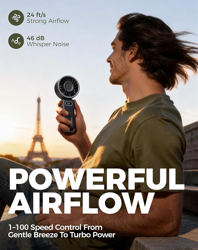 Diveblues Portable Turbo Fan, 100 Speed Handheld Fan with Strong Airflow, Foldable 4 in 1 Personal Fan for Neck, Desk & Travel, USB-C Rechargeable, Lightweight for Summer, Concerts & Outdoor Use