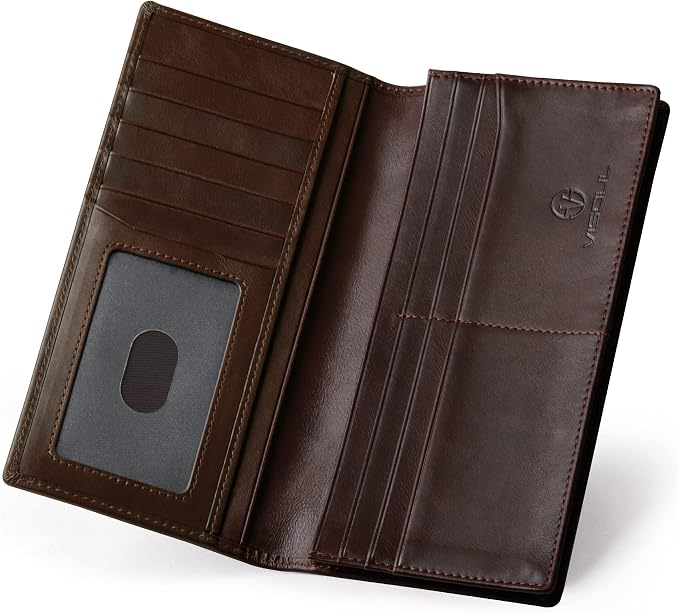 VISOUL Leather Checkbook Cover Wallet for Men with RFID Blocking, Mens Long Bifold Cash Tall Wallet with 11 Credit Card Slots 1 ID Window (Coffee)