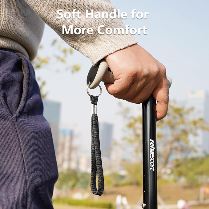 Rehaescort Walking Cane, Folding, Adjustable, Lightweight, Walking Canes for Men & Women, Soft Ergonomic Handle, Heavy Duty All Terrain Tip, Walking Sticks for Seniors & Adults with Travel Bag