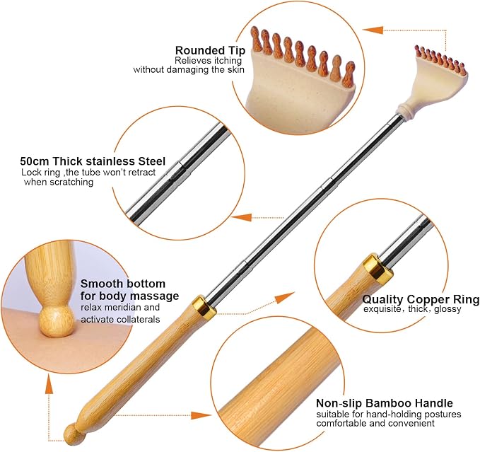 Telescoping Back Scratcher, Portable Extendable Bamboo Back Scratcher for Men Women with Beautiful Present Packaging, Body Scratcher for Adults