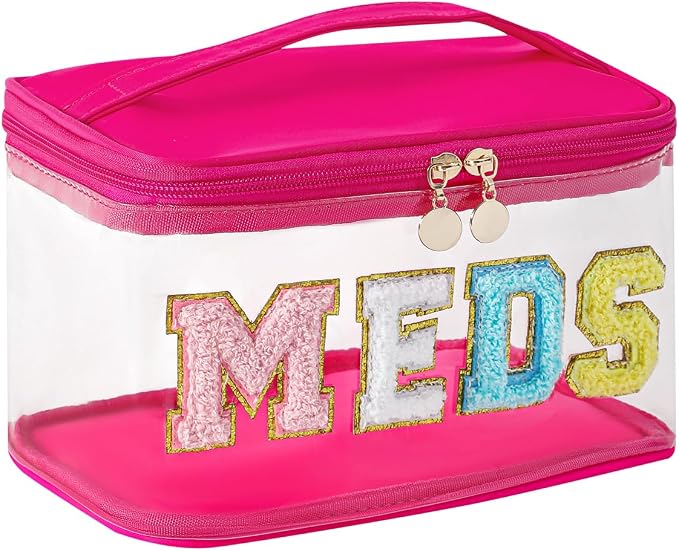 uekeboag Chenille Letter Clear Medicine Makeup Bag, Large Size Waterproof Nylon Cosmetic Toiletry Storage bag with Top Handle, Transparent Meds First Aid Travel Organizer Cosmetic Bag(01Hot Pink)