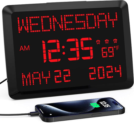 11.5” Extra Large Digital Wall Clock with Date and Day of Week , Electric Desk Clock for Seniors, Large Display Alarm Clock for Bedroom with Battery Backup, 5 Dimmer, 2 USB Ports, Indoor Temp, 12/24H