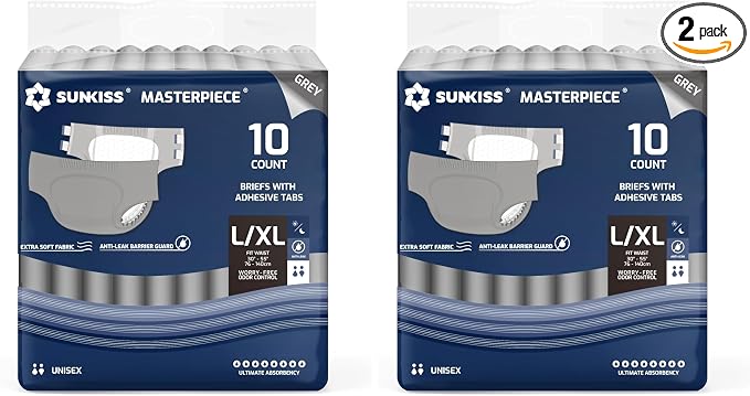 SUNKISS Masterpiece Adult Diapers with Tabs, Unisex Disposable Incontinence Briefs for Women and Men, Odor Control, Grey, L/XL, 10 Count (Pack of 2)